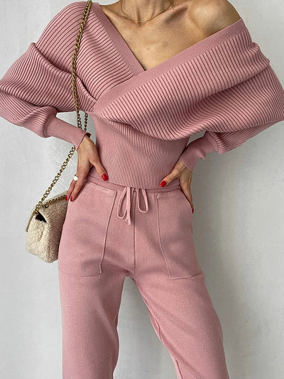 Women's Off-Shoulder Knitted Sweater - Ribbed Texture - Long Sleeve - Fitted Waist