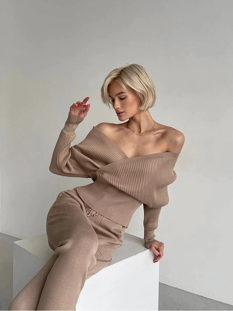 Women's Off-Shoulder Knitted Sweater - Ribbed Texture - Long Sleeve - Fitted Waist