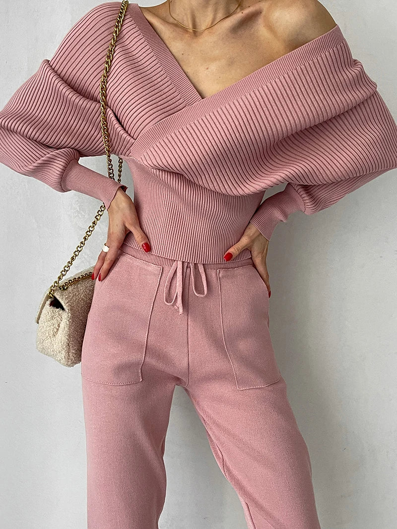 Women's Off-Shoulder Knitted Sweater - Ribbed Texture - Long Sleeve - Fitted Waist
