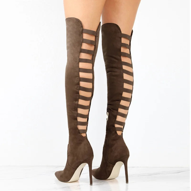 Women’s Over-the-Knee Boots – Slim Fit – Cut-Out Side – Stiletto Heel – Pointed Toe