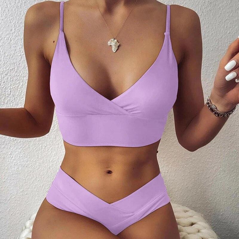 High-Waisted Push-Up Bikini Set with Ruffles for Women