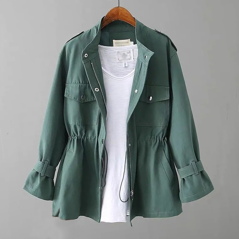 Women’s Trench Coat – Relaxed Fit – Zipper Front – Adjustable Waist – Utility Style