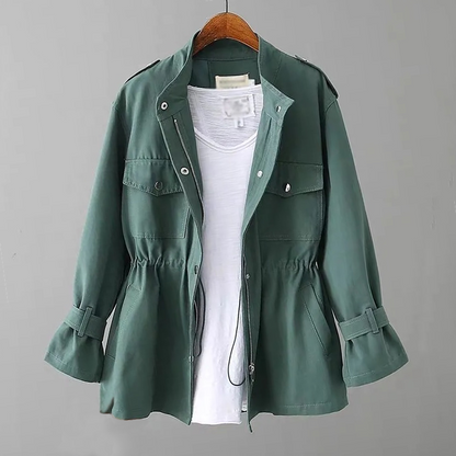 Women’s Trench Coat – Relaxed Fit – Zipper Front – Adjustable Waist – Utility Style
