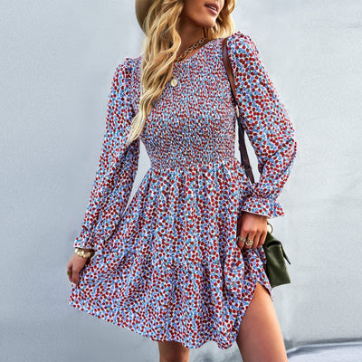 Women's Floral Mini Dress - A-Line Silhouette - Smocked Waist - Long Sleeve Round Neck