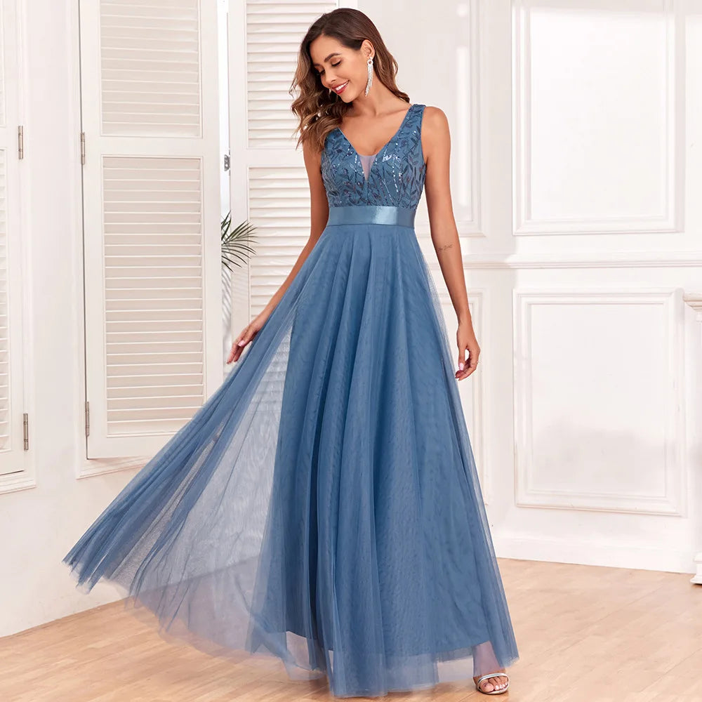 Women's Evening Prom Gown - Sleeveless V-Neck - Embroidered Bodice - Flowing Floor-Length Skirt