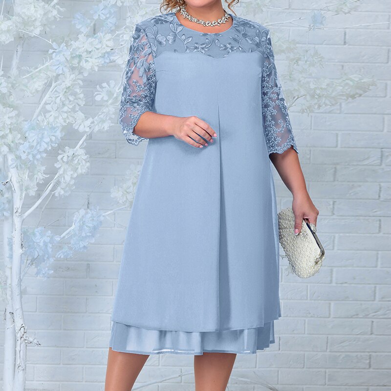 Women's A-Line Dress - Knee Length - Sheer Embroidered Mid Sleeves - Layered Skirt