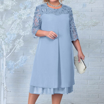 Women's A-Line Dress - Knee Length - Sheer Embroidered Mid Sleeves - Layered Skirt