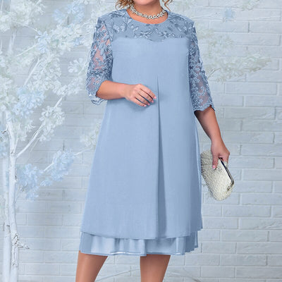 Women's A-Line Dress - Knee Length - Sheer Embroidered Mid Sleeves - Layered Skirt