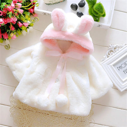 Baby girl wool hooded rabbit ears winter coat