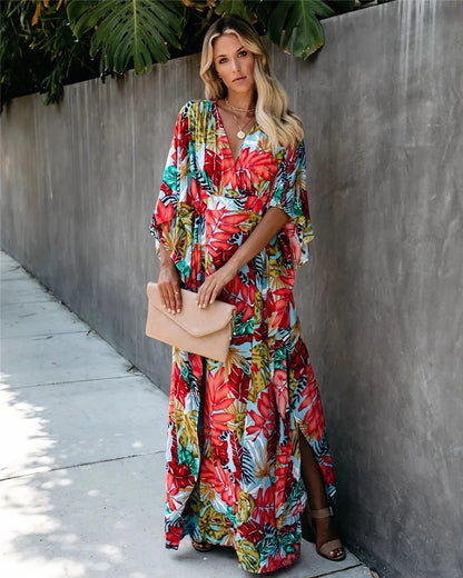 Women's Maxi Dress - Wrap V-Neck - 3/4 Sleeve - Floral Print - Flowing Elegant Fit