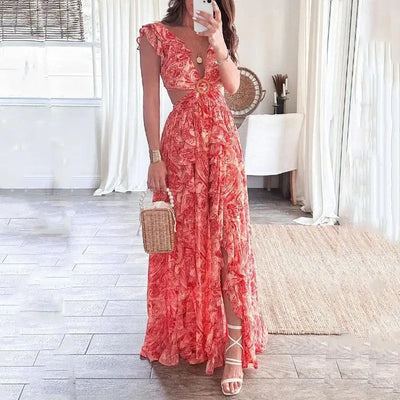 Printed V-Neck Floral Dress - Sexy and Stylish Design