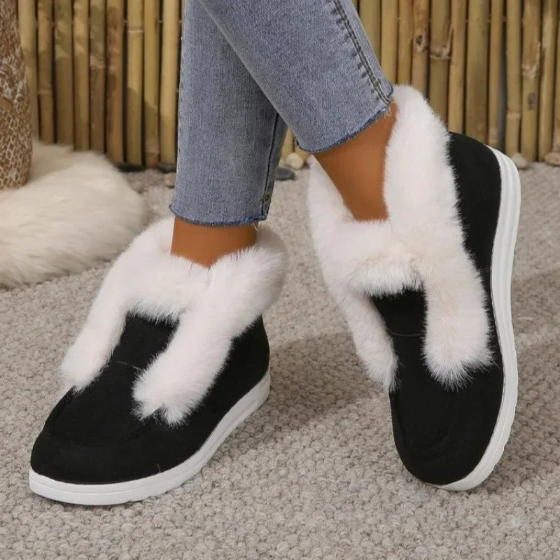 Women’s Slip-On Booties – Plush Trim – Suede-Look Upper – Ankle Length Cozy Fit