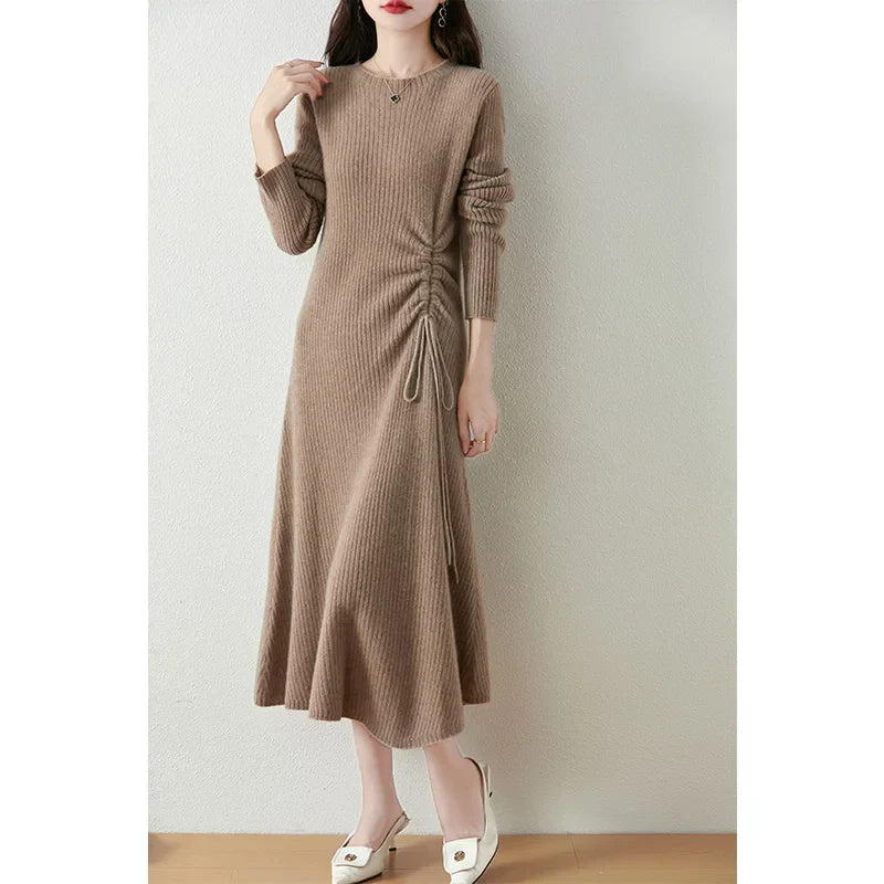 Women's Ribbed Knit Midi Dress - Long Sleeve - Gathered Side - Flared Hem