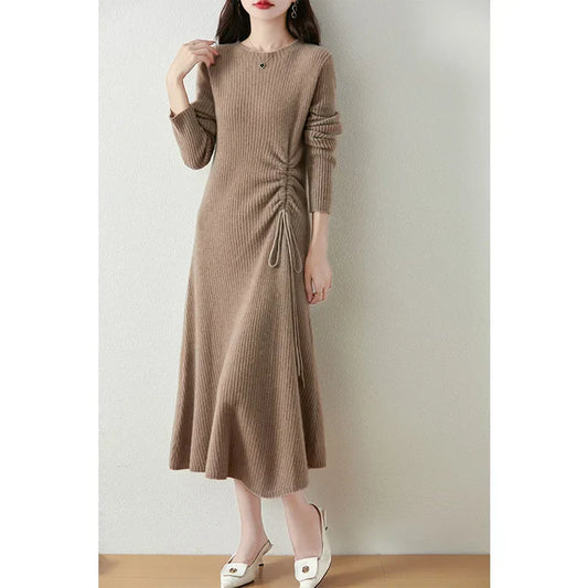 Women's Ribbed Knit Midi Dress - Long Sleeve - Gathered Side - Flared Hem