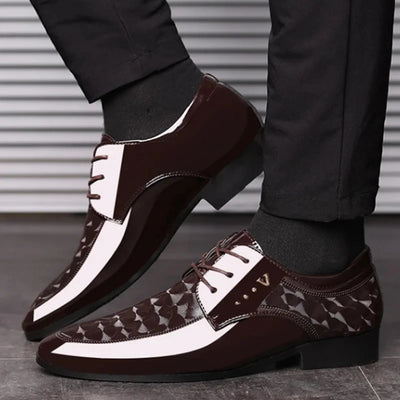Men's Lace-Up Shoes – Glossy Synthetic – Embossed Detailing – Casual Outdoor Wear