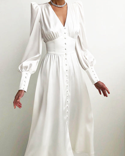 Women's Midi Dress - Satin Finish - V-Neck - Puff Sleeve - Button Front Elegant Fit