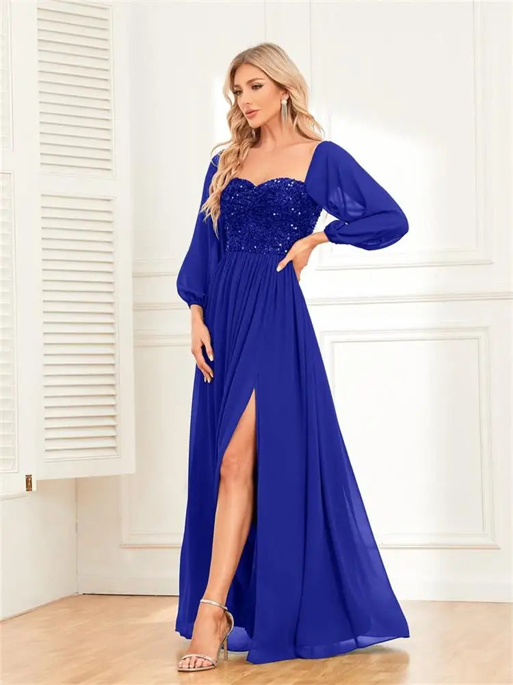 Women’s Evening Prom Gown - Off Shoulder - Sequin Bodice - Long Sleeve - High Slit Elegant Dress