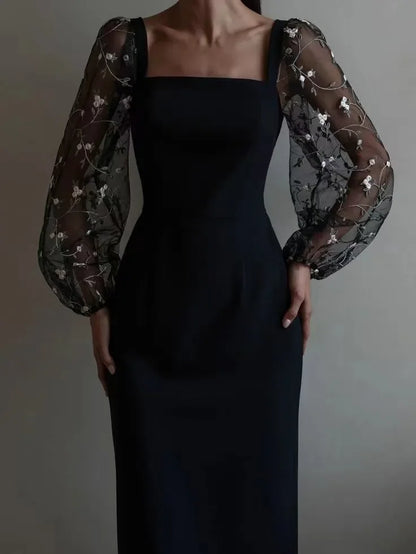 Women’s Midi Dress – Slim Fit – Sheer Embroidered Sleeves – Square Neck – Formal Wear