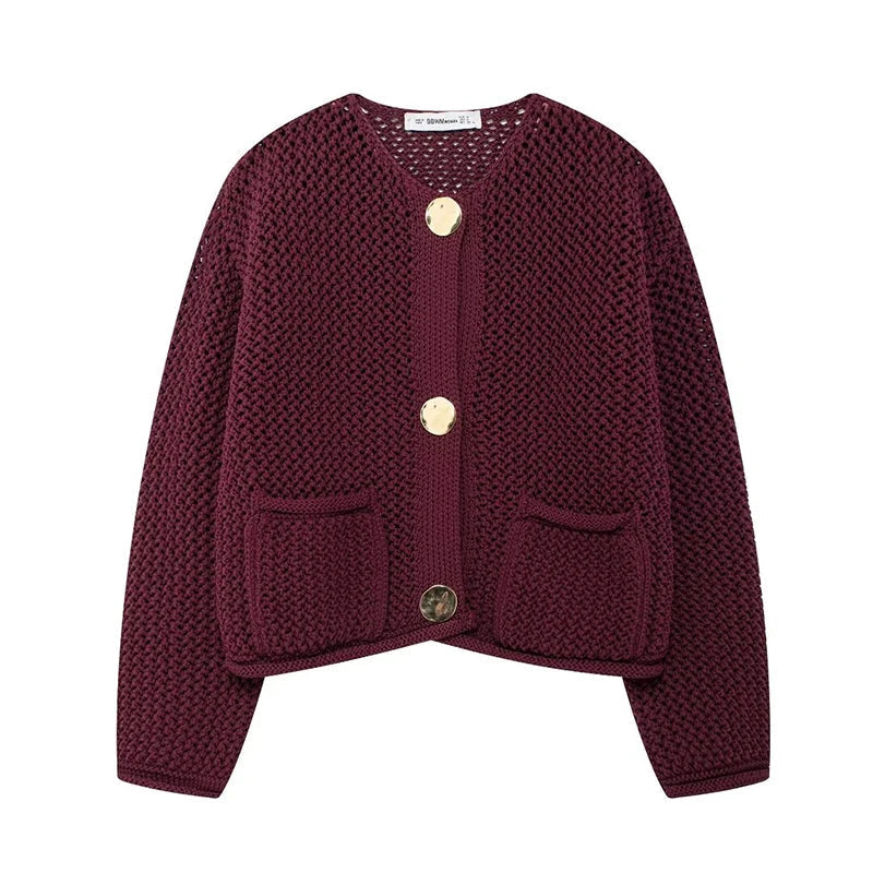 Mesh-knit cardigan with front pockets for women