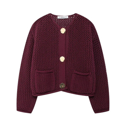 Mesh-knit cardigan with front pockets for women