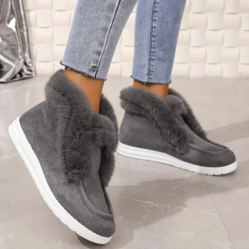 Women’s Slip-On Booties – Plush Trim – Suede-Look Upper – Ankle Length Cozy Fit