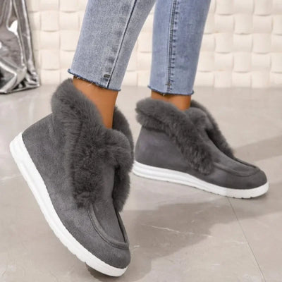Women’s Slip-On Booties – Plush Trim – Suede-Look Upper – Ankle Length Cozy Fit