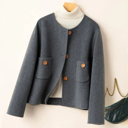 Women’s Cropped Jacket – Wool Blend – Relaxed Fit – Collarless – Button Detail – Pockets