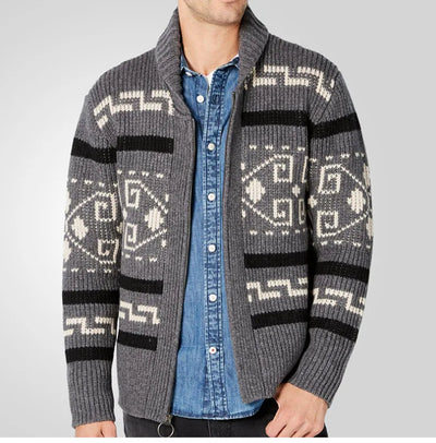 Men’s Cardigan Sweater – Slim Fit – Wool Knit – Zipper Front – Turn Down Collar