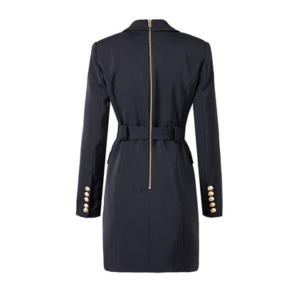 Women's Blazer Dress - Tailored Fit - Double Breasted - Waist Belt - Mini Length