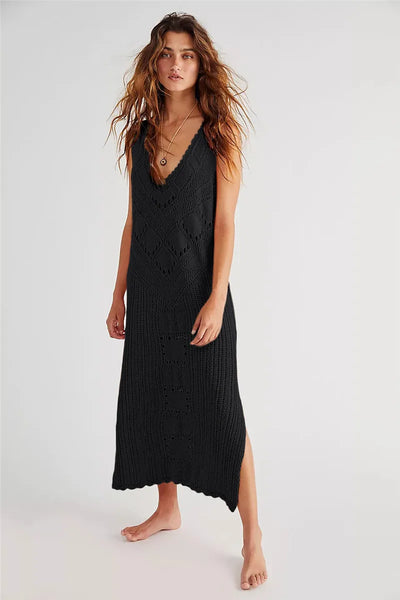 Women’s Midi Dress – Relaxed Fit – Mesh Knit – V-Neck – Geometric Pattern – Side Slit