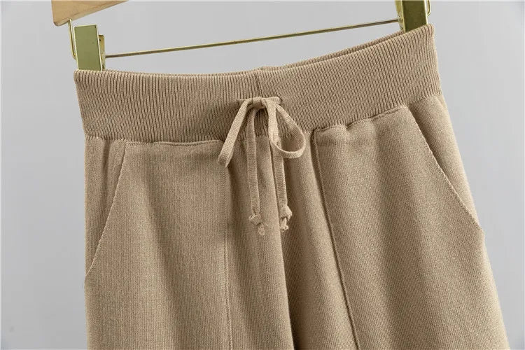 Women's Ribbed Knit Loungewear Set - V-Neck Sweater & Jogger Trousers - Soft Knit Casual Wear