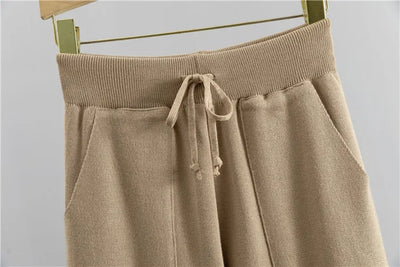 Women's Ribbed Knit Loungewear Set - V-Neck Sweater & Jogger Trousers - Soft Knit Casual Wear