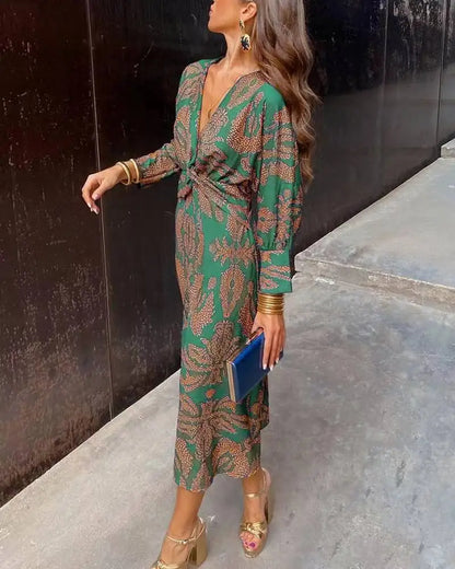 Women's Midi Wrap Dress - V-Neck - Long Sleeve - Elegant Pattern - Adjustable Fit