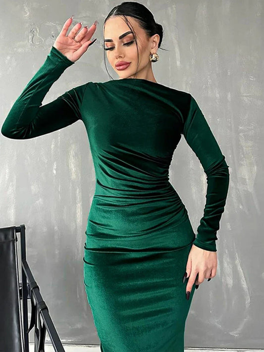 Women's Bodycon Dress - Long Sleeve Stretch Fit - Midi Length Ruched Elegant Wear