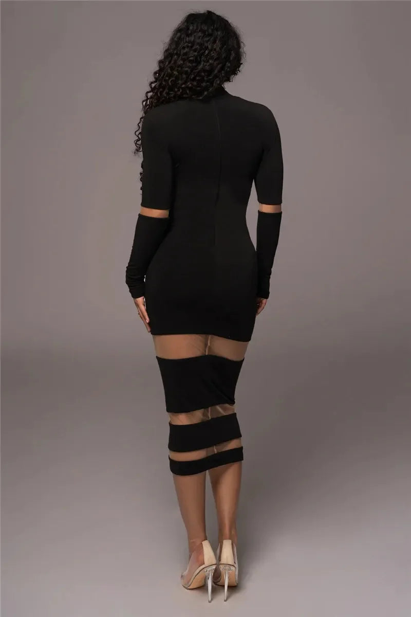 Women’s Midi Dress – Bodycon Fit – High Neck – Long Sleeve – Sheer Cut-Out Panels