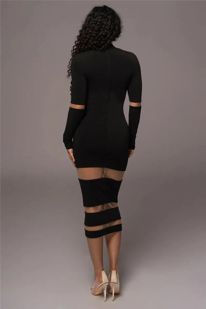 Women’s Midi Dress – Bodycon Fit – High Neck – Long Sleeve – Sheer Cut-Out Panels