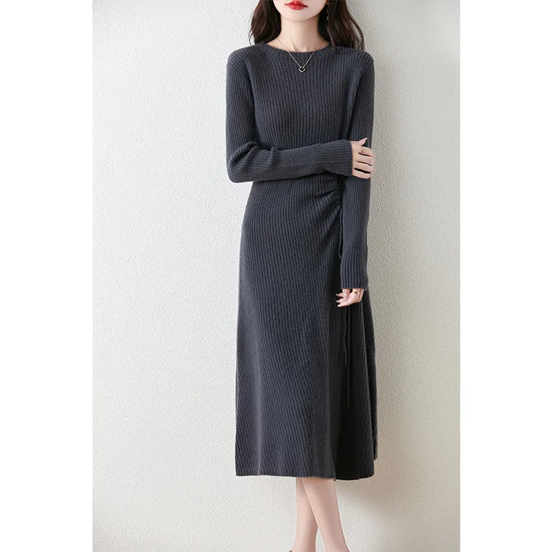 Women's Ribbed Knit Midi Dress - Long Sleeve - Gathered Side - Flared Hem