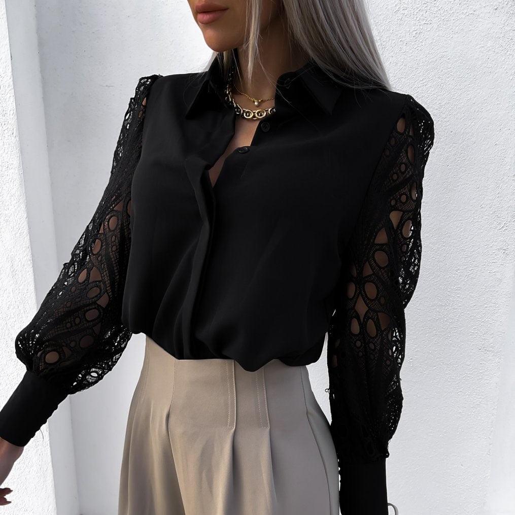 Women's Blouse - Silky Finish - Lace Long Sleeves - Button-Down Elegant Style