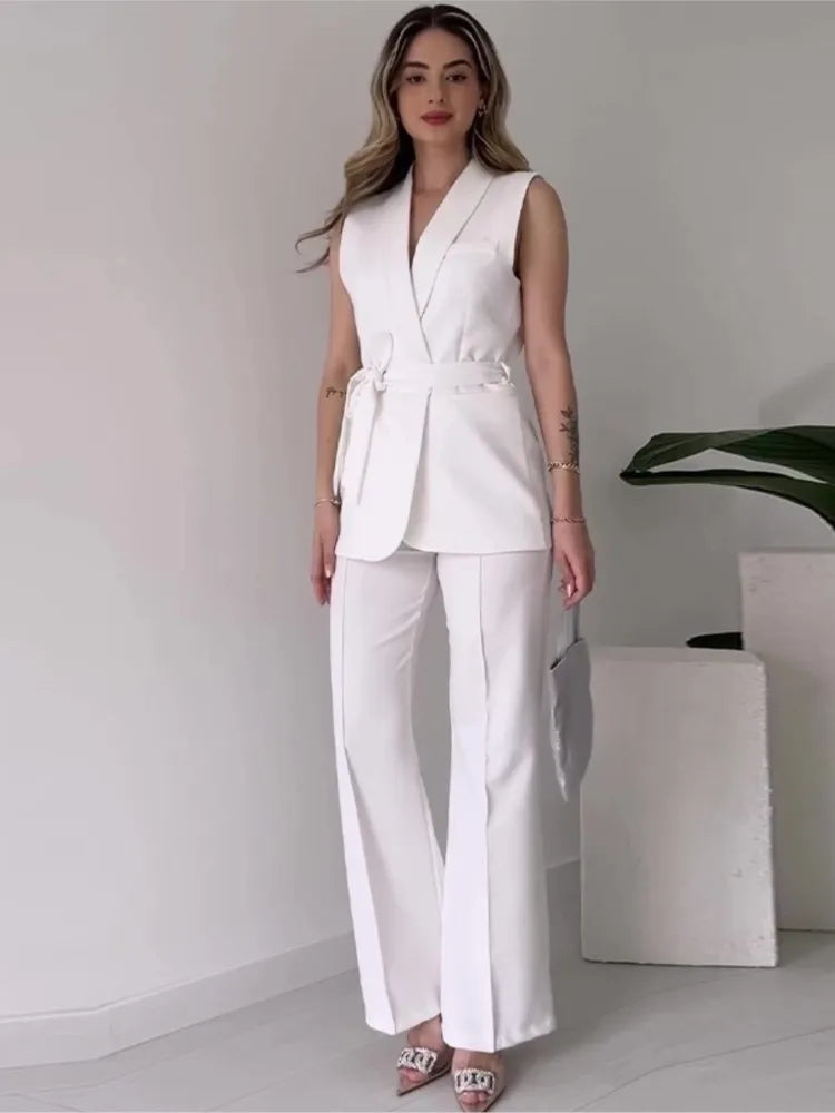 Women's Sleeveless Blazer Suit - Tailored Fit - V-Neck - High-Waisted Trousers - Belted Waist