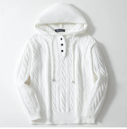 Men’s Hooded Knit Sweatshirt – Cable Knit – Loose Fit – Drawstring – Ribbed Hem