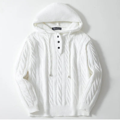 Men’s Hooded Knit Sweatshirt – Cable Knit – Loose Fit – Drawstring – Ribbed Hem