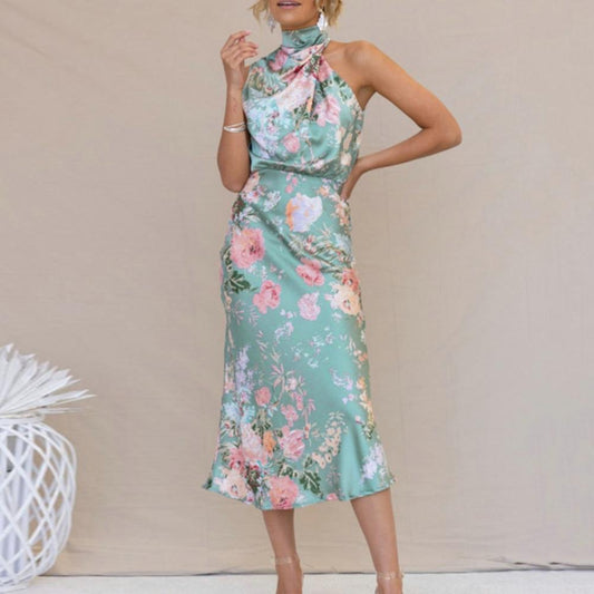 Women's Halter Neck Midi Dress - Sleeveless A-Line - Elegant Floral Print