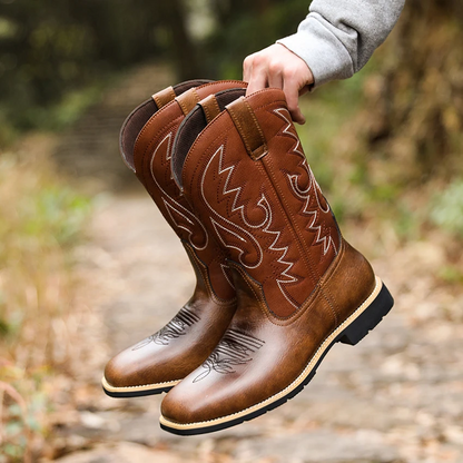 Men’s Cowboy Boots – Leather Wide Toe – High Top Embroidered Western Style