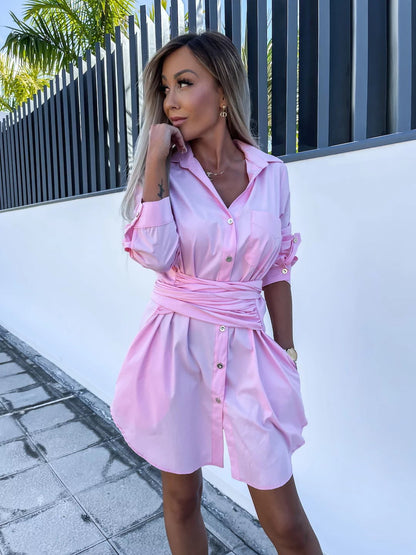 Women's Shirt Dress - Button Down - Waist Tie - Long Sleeve - Smart Casual