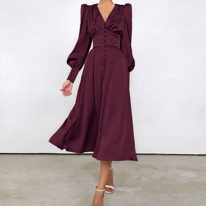 Women's Midi Dress - Satin Finish - V-Neck - Puff Sleeve - Button Front Elegant Fit
