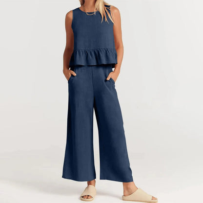 Women's Sleeveless Jumpsuit - Peplum Waist - Wide-Leg Cropped Fit - Lightweight & Breathable