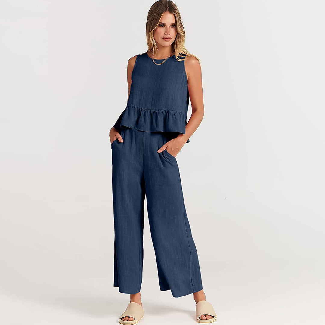 Women's Sleeveless Jumpsuit - Peplum Waist - Wide-Leg Cropped Fit - Lightweight & Breathable