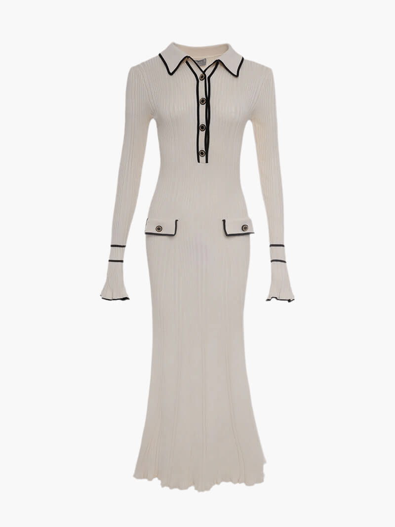 Women's Ribbed Knit Midi Dress - Fitted Long Sleeve - Button-Up with Contrast Trim