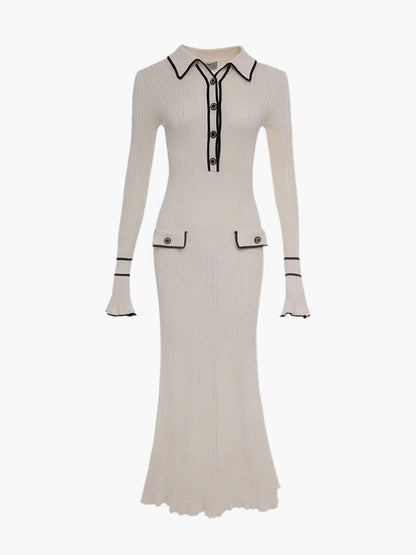 Women's Ribbed Knit Midi Dress - Fitted Long Sleeve - Button-Up with Contrast Trim