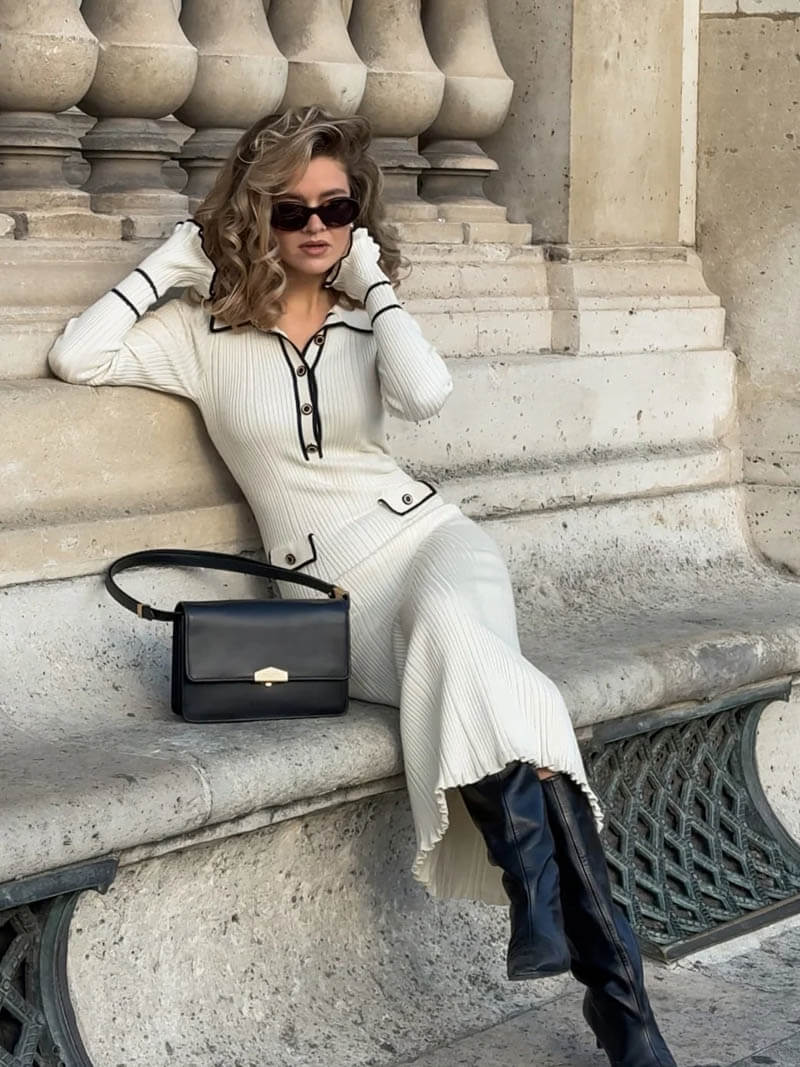 Women's Ribbed Knit Midi Dress - Fitted Long Sleeve - Button-Up with Contrast Trim